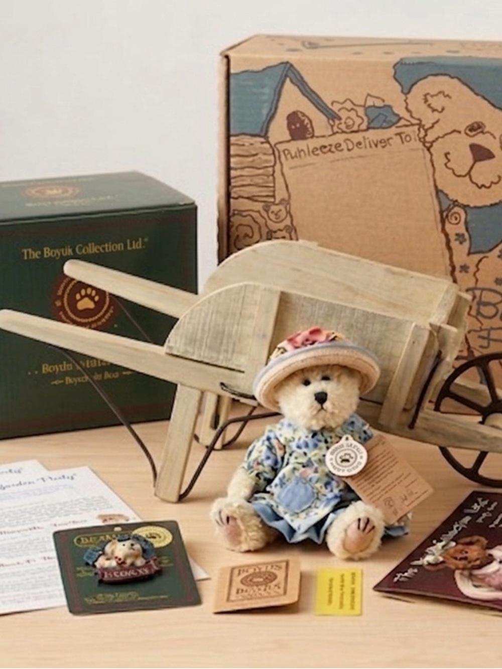 Boyds Bears Cream Teddy in Blue Floral Dress with Pink Hat
